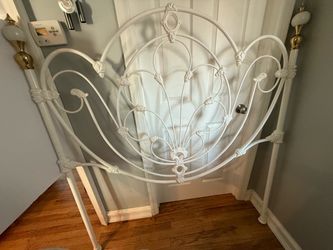 White Ornate Iron Bed Headboard and footboard with Brass Finials and Bed Rails
