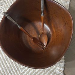 Sterling And Mahogany Wood Salad Bowl W/Utensils  