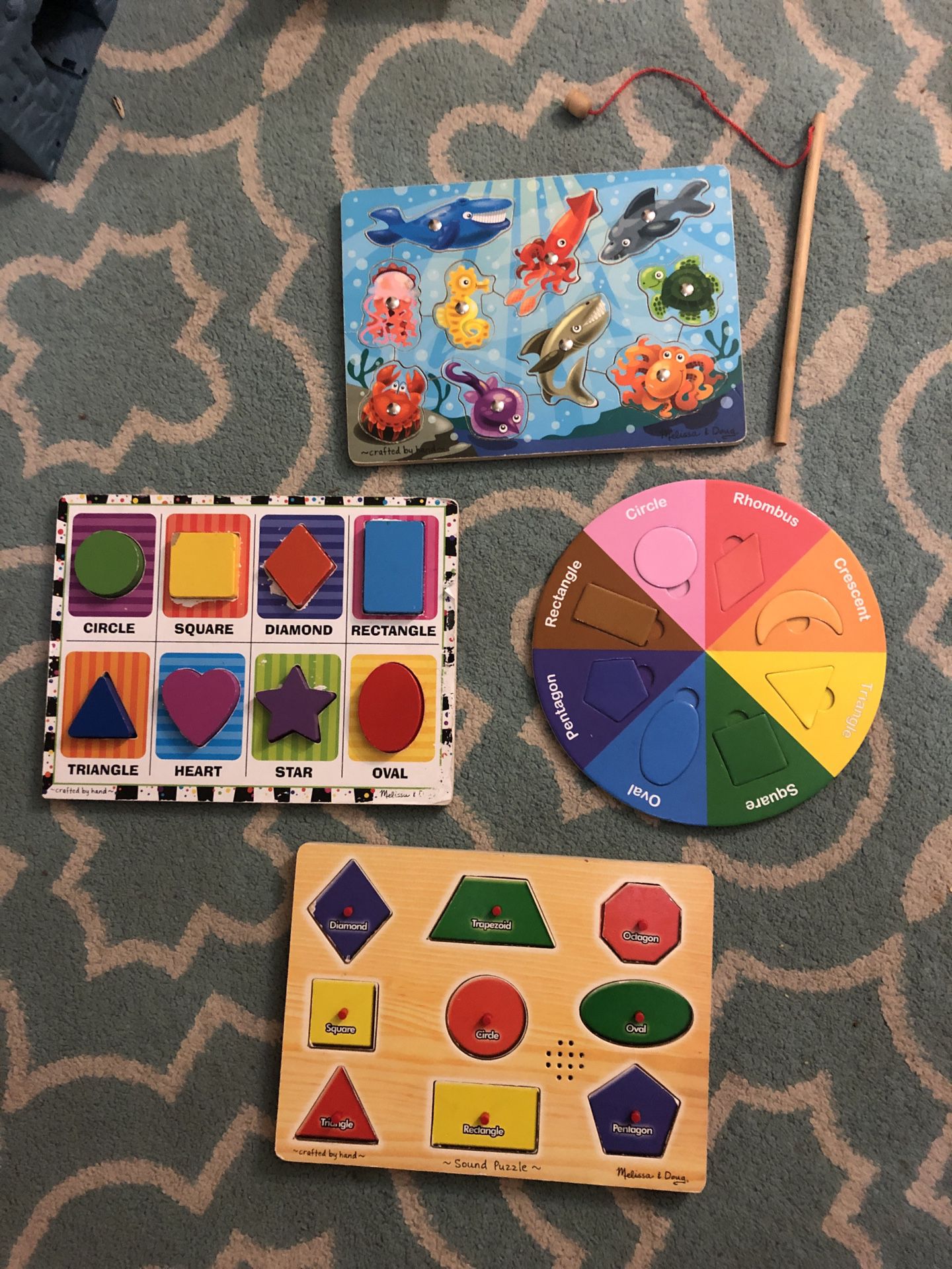 4 Puzzle Lot Melissa & Doug Wood, Sound Puzzle, shapes, colors and fishing 🎣 game $20 for all