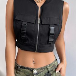 Bnigung Women's Sexy Crop Cargo Vest Sleeveless Buckle Zip Up Jacket