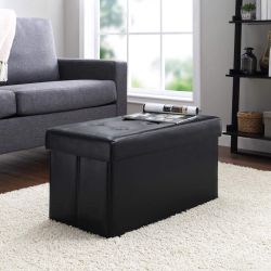 Storage Ottoman - 30-Inch Folding Faux Leather Footrest, Linen Chest, or Bench with Removable Bin for Living Room or Bedroom by Home-Complete (Black)