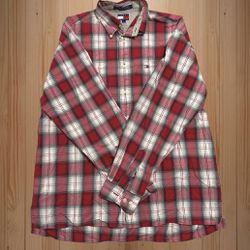 Tommy Hilfiger Button Down Plaid Long Sleeve Shirt Size L Men’s Original Red