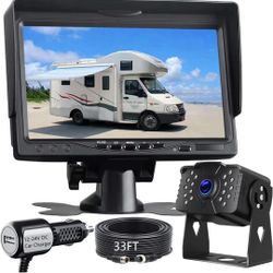 RV Backup Camera System,  7” HD LED Monitor & IP69 Waterproof Rear View Mirror Camera for Car Van RV Semi Trailer Box Truck Jeep Pickup with 18 IR LED