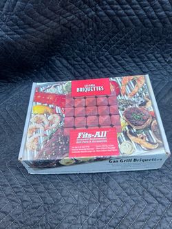 box of "Fits-All" Gas Grill Briquettes designed for universal replacement in gas grills.Product DetailsItem: Gas grill ceramic/flavor briquettes.Purpo