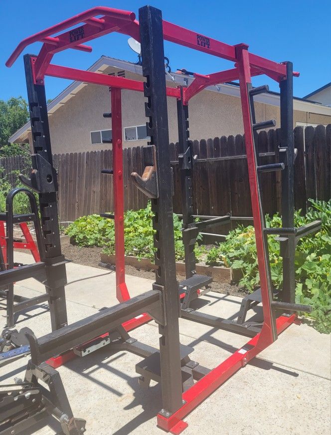 PowerLift USA Gym Double Sided squat Rack And 2 Adjustable Weight Benches