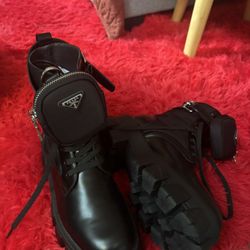 Prada Women’s Monolith Leather And Re-Nylon Boots With Pouch 