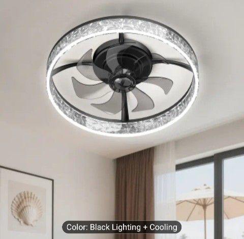 Low Profile Ceiling Fan with Lights and Remote, 19.7in Modern Ceiling Fans Flush Mount, 3000K-6500K Dimmable Bladeless LED Fan Light, Black Fandelier