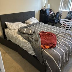 Queen Size Bed Frame, Mattress, Reading Table And Chair 