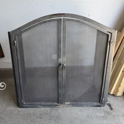 Vintage Iron Fireplace Screen With Doors and Shovel