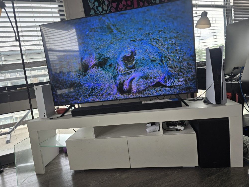 White TV Stand With 5 Shelves, 2 Drawers, And Back Lights