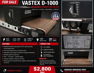Vastex D-1000 Infrared Conveyor Dryer for sale.