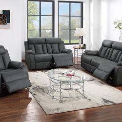 Gray Sofa Set With Manual Recliner 