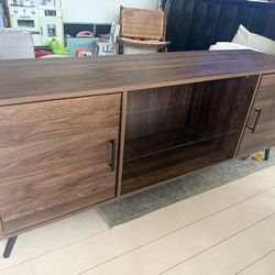 Dark Brown Media Console TV Stand Storage Cabinets Glass Shelf