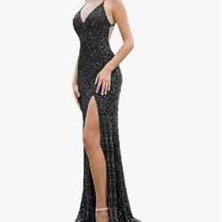 RYANTH Women's Spaghetti Straps Sequin Prom Dress Mermaid V Neck Formal Evening Dresses with Slit