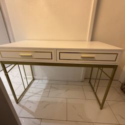White Table With Gold Accents. Two Drawers $140