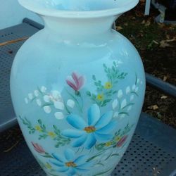White Fenton hand Painted vase 13 inch tall by 6” inches wide