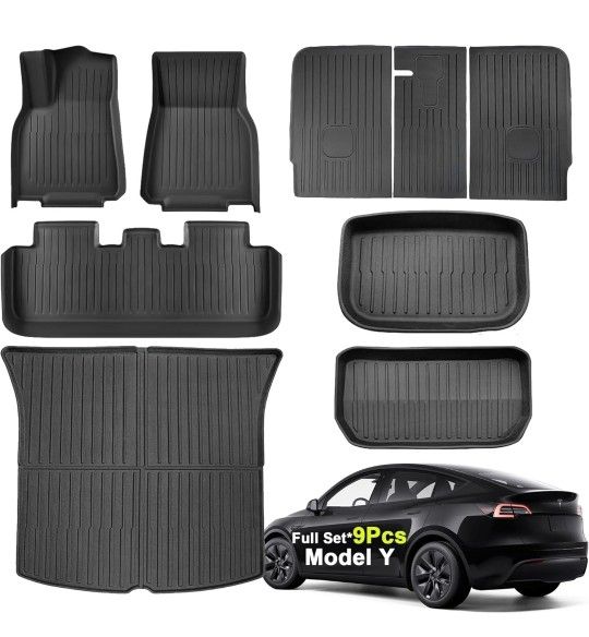 Tesla Model Y Floor Mats 2025 2021-2024 | Custom Fit All-Weather 9-Piece Set TPE Material| Back Seat Protector,Cargo Liner