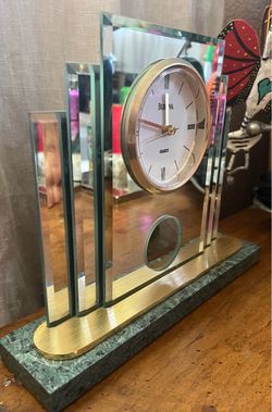 Vintage Art Deco Style Bulova Glass & Marble Quartz Desk Clock / Decor