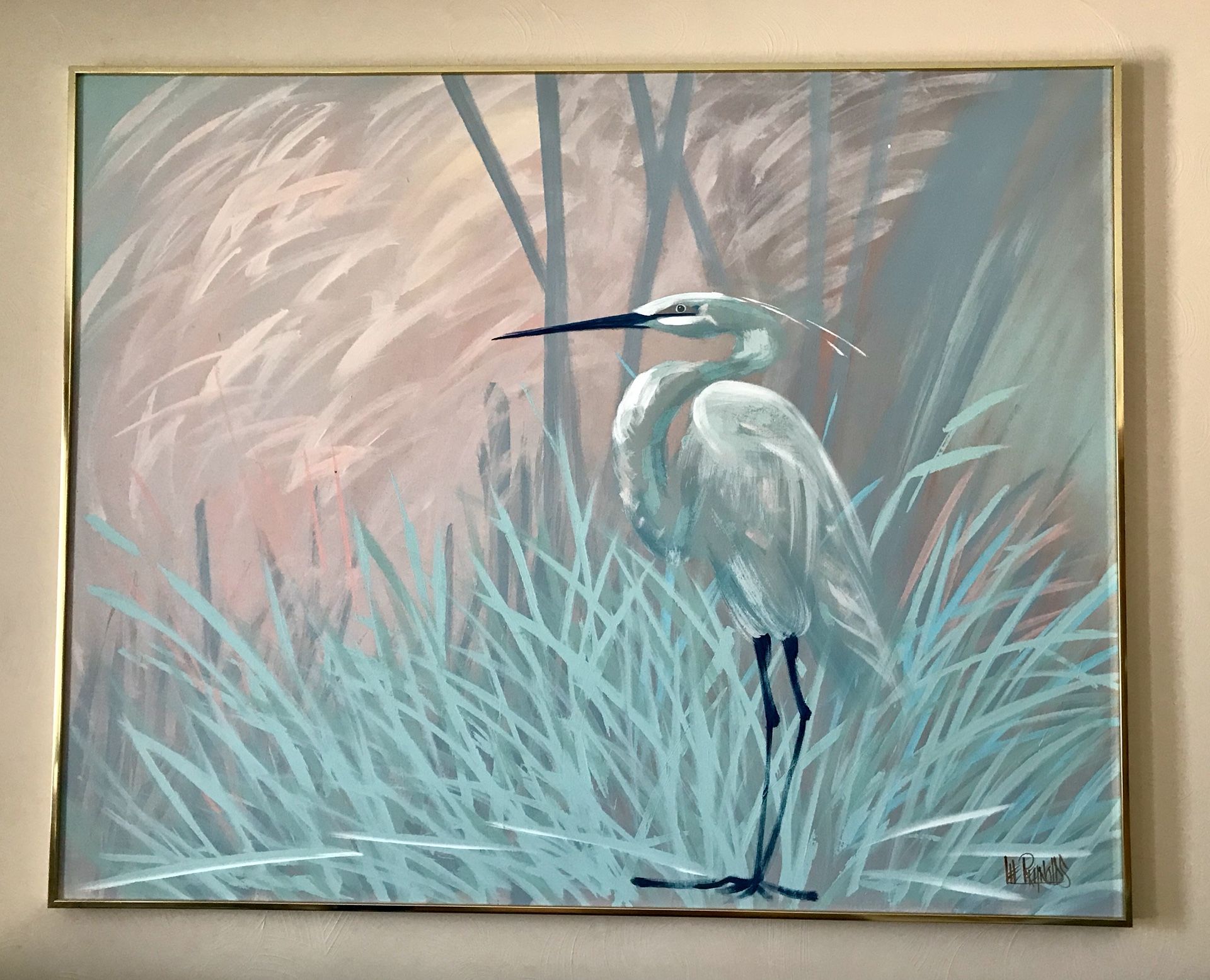 Large rare signed Lee Reynolds painting of the Heron