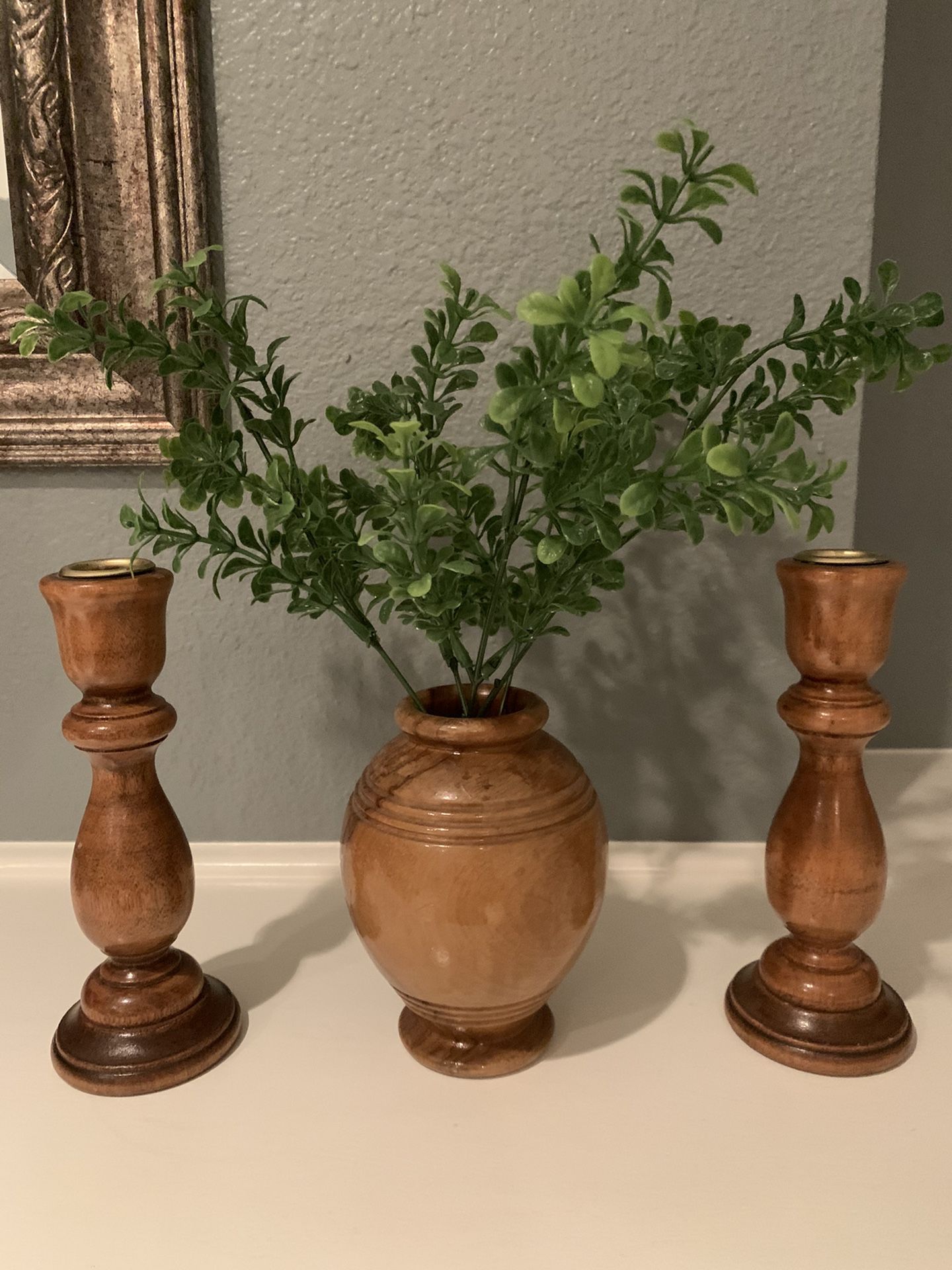 2 Solid Wood Candle Holders with Solid Wood Bud Vase Brown