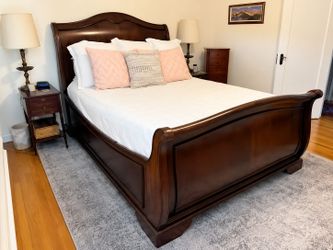 Dark Cherry Wood Sleigh Bed Frame Queen Size