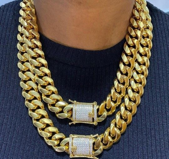 Chain And Bracelet 20MM Diamond Lock Cuban Link Set 14k Gold Plated Doesn't Loses Color 