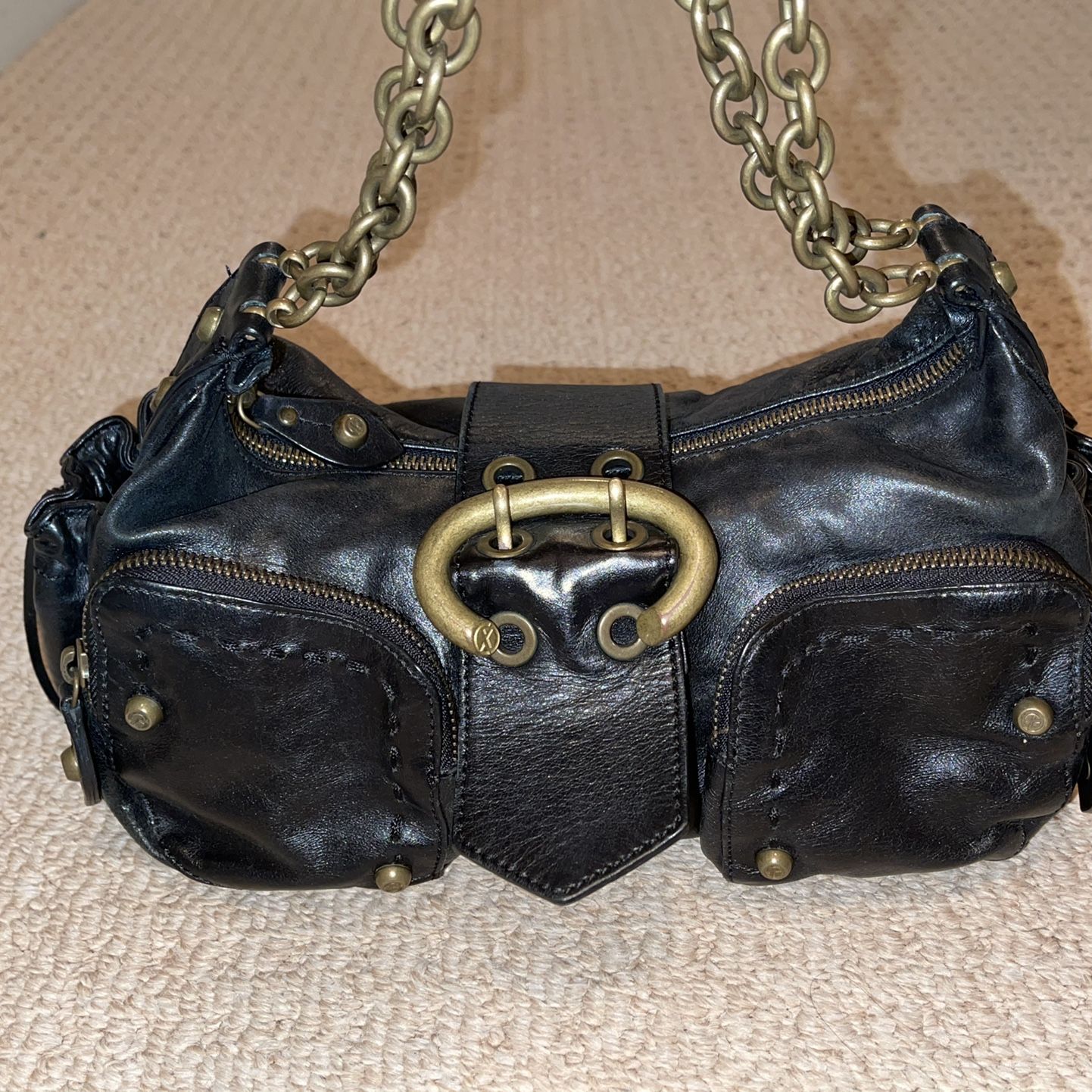 Francesco Baisia Black Leather Handbag With Chunky Metal Hardware