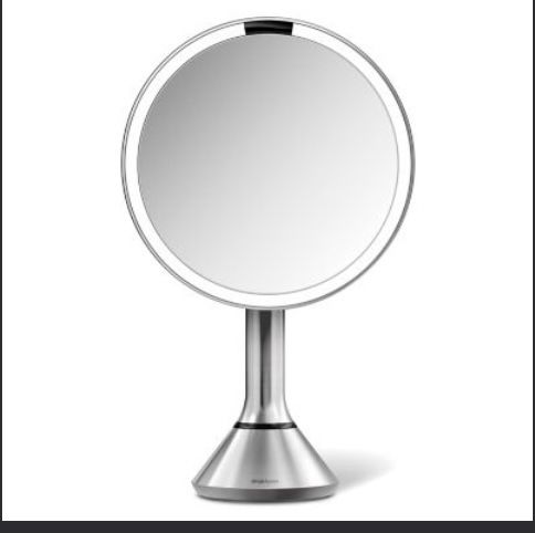 Simplehuman 8 Round Sensor Makeup Mirror with Touch-Control Dual Light Settings 5x Magnification Rechargeable and Cordless Brushed Stainless Steel