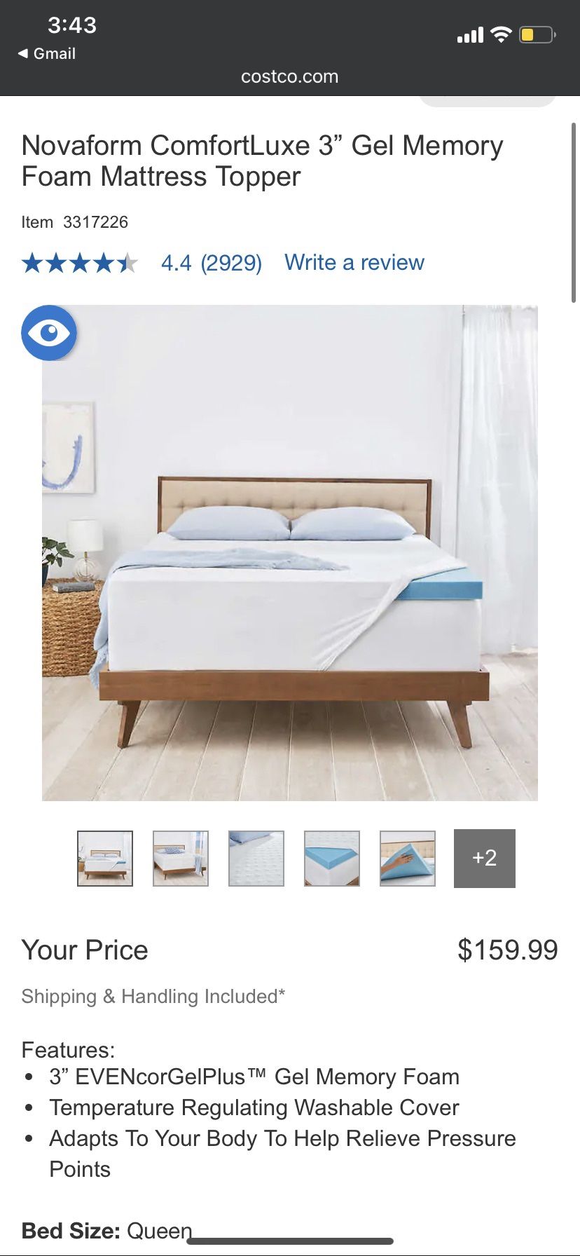 QUEEN Costco gel memory foam 3” mattress topper