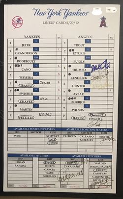Yankees vs Angels Line Up Card Mike Trout 2012 Rookie Season certified