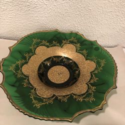 Beautiful Vintage Green Color  Footed Bowl With Gold Inlay  1