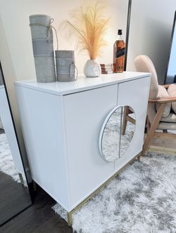 Contemporary White Console Bar Cabinet with Half-Moon Handles + Mirror