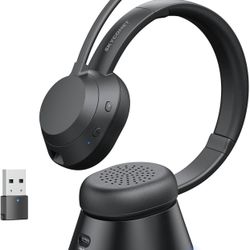 Wireless Headset with Mic for Work, Bluetooth Headset with Microphone (Noise Cancellation), Wireless Headphones with USB Dongle & Charging Dock for Ca