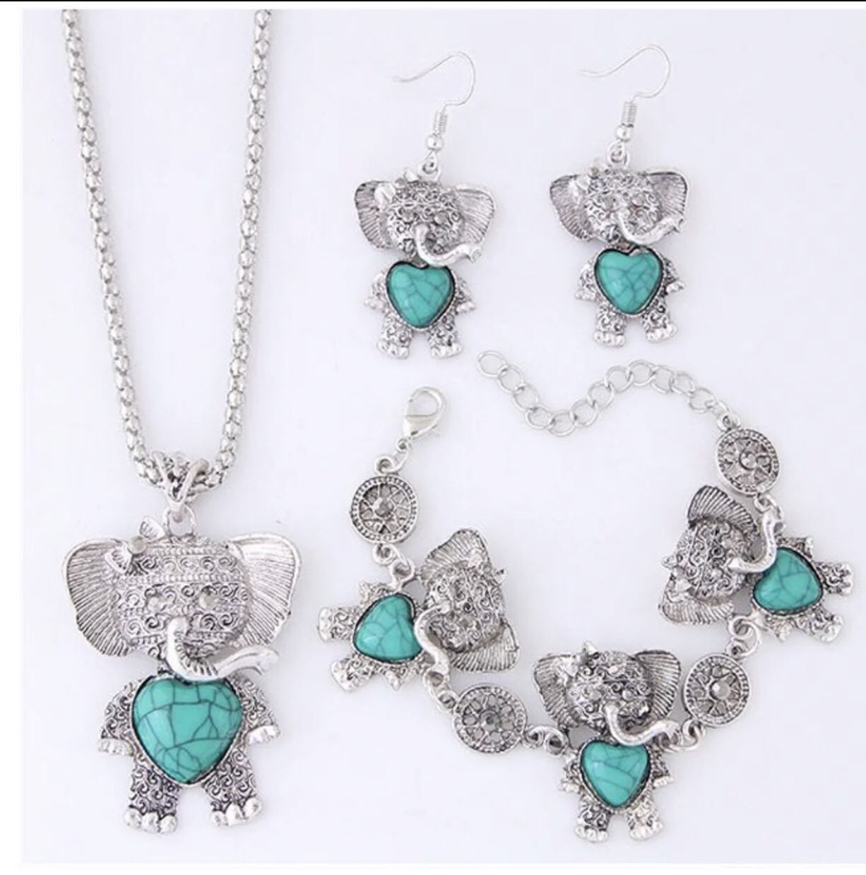 Tibetan Turquoise Lucky Elephant Jewelry Set Necklace Bracelet and Earrings