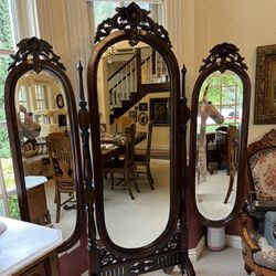 Beautiful Vintage Carved Beveled Trifold Dressing Mirrors