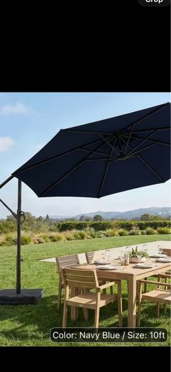 Brand new Navy blue 10-Foot Patio Offset Umbrella with a Base, Cantilever Design, Featuring a Crank And Cross Bases, Suitable for Outdoor Use, Heavy-D