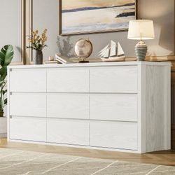 9 Drawer Dresser for Bedroom, Wide Wood Chest of Drawers Handle Free, Large Modern Dresser Storage Cabinet for Living Room, Hallway Entryway, White