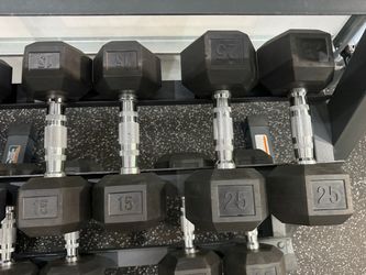 https://offerup.com/redirect/?o=TElWSU5HLkZJVA== Rubber Hex Dumbbell set with 3 Tier rack