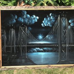 Vintage Black Velvet Art Golden Gate Bridge Framed Blue Large 