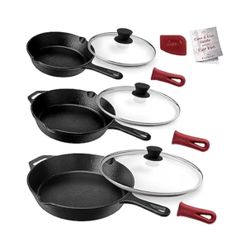 Cuisinel 8"+10"+12"-Inch Cast Iron Skillets Set with Glass Lids + Silicone Handle Holder Covers + Pan Scraper - Pre-Seasoned Oven Cookware