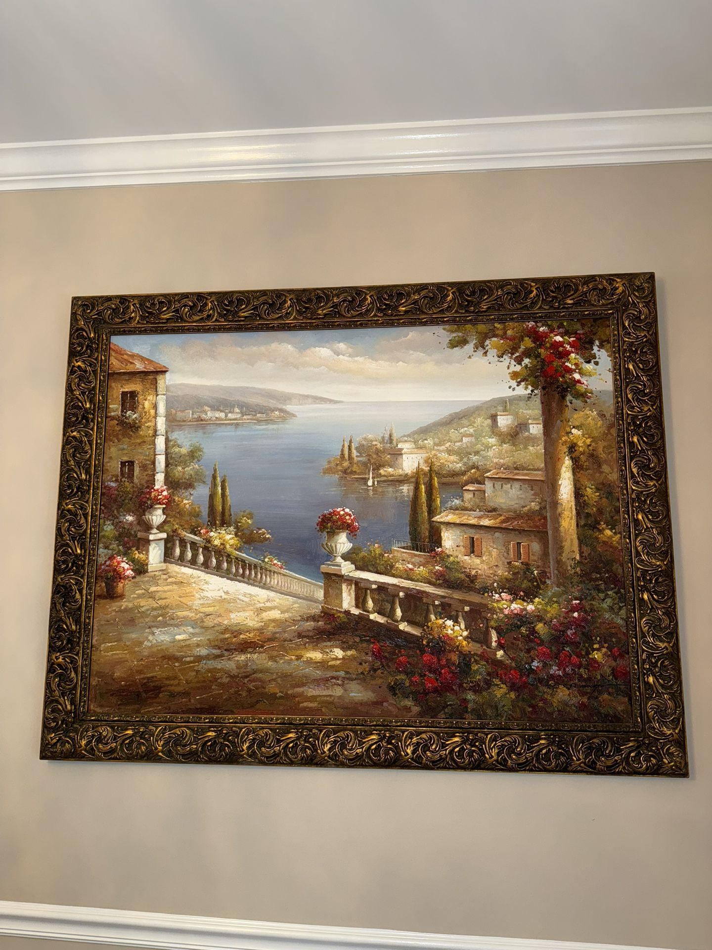 Elegant Italian Coastal Villa Oil Painting – Ornate Gilded Frame