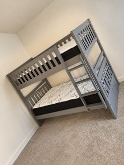 Gray Wood Twin Bunk Bed with Mattresses