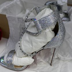 Christian Louboutin Choca Lux 120 Silver Glitter Spike Sandals 39 (contact info removed)