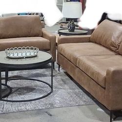 2 New Brown Leather Sofas One Sleeper