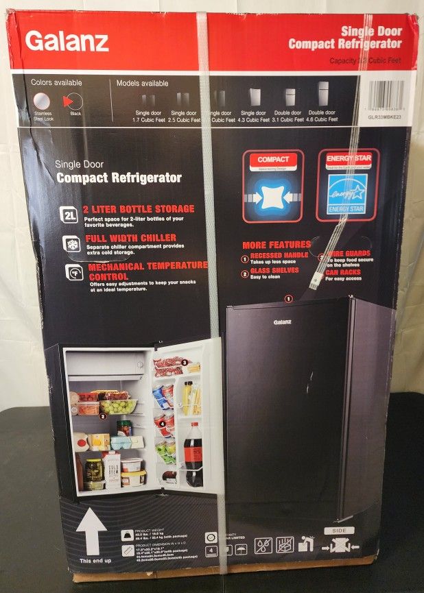 Brand New Galanz 3.3 Cu Ft Single-Door Compact Fridge – Black | Dorm, Office, or Drinks