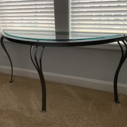 60 Inches By 17 Inches Deep Thick Curved Beveled Glass Metal Console/ Hall Table, Painted Pewter Finish. Glass Is Removable.