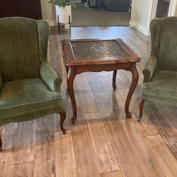 Vintage Green Wing Back Chairs With Table- Aged From Use And 20 Plus Years Of Storage. 