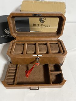 ROTHWELL 4 Slot Leather Watch Box with Valet Drawer - Luxury Case Display Jewelry Organizer, Locking Display Case Holder with Real Glass Top - Watch B