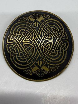 Celtic Dragon Knot Brooch Round Black Gold Tone Viking Norse Pin 1.5"