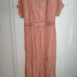 Love Tree Size Small Coral Maxi Dress Beach Pool Cover Up with tie string at waist - Lace Trim Plunged